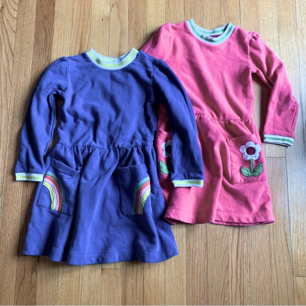 2 Mini Boden Dresses Flowers Rainbows Pink and Blue 6/7